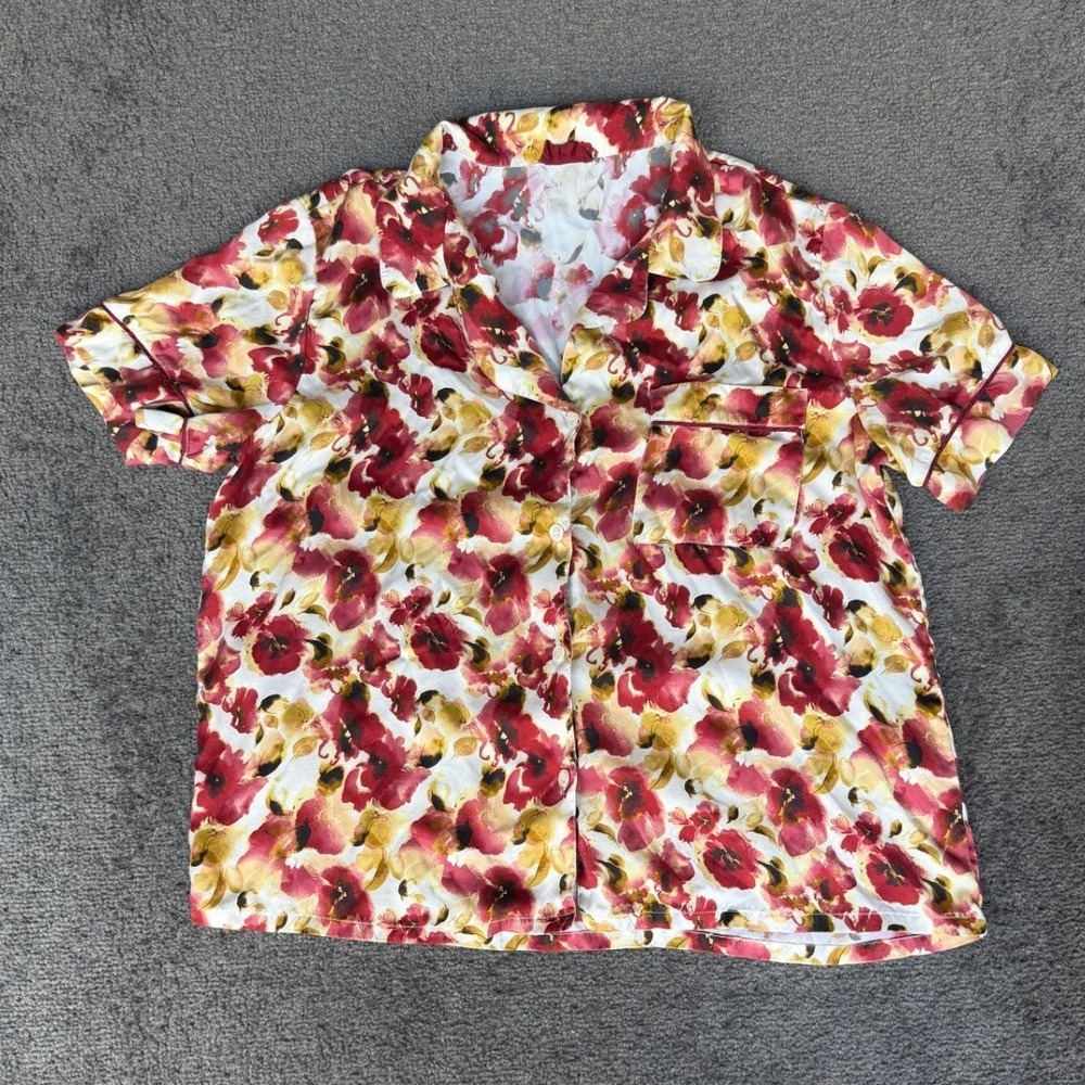 Eberjey x Lily Aldridge Womens Red Floral 100% Silk Pajama Top Short Sleeve M